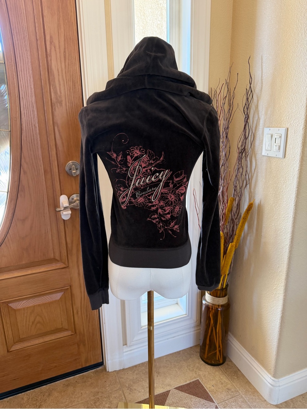 Vintage Y2K Juicy Couture Brown Velour Zip Hoodie Floral Graphic Made USA